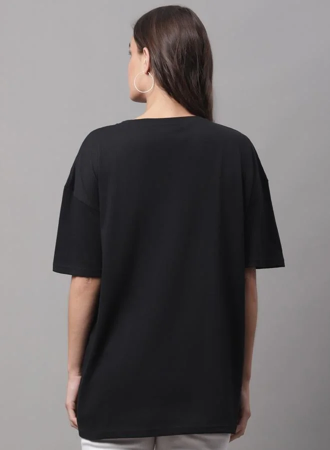 تايك تو تيشيرت نسائي أسود كبير بطبعة جرافيك من دور